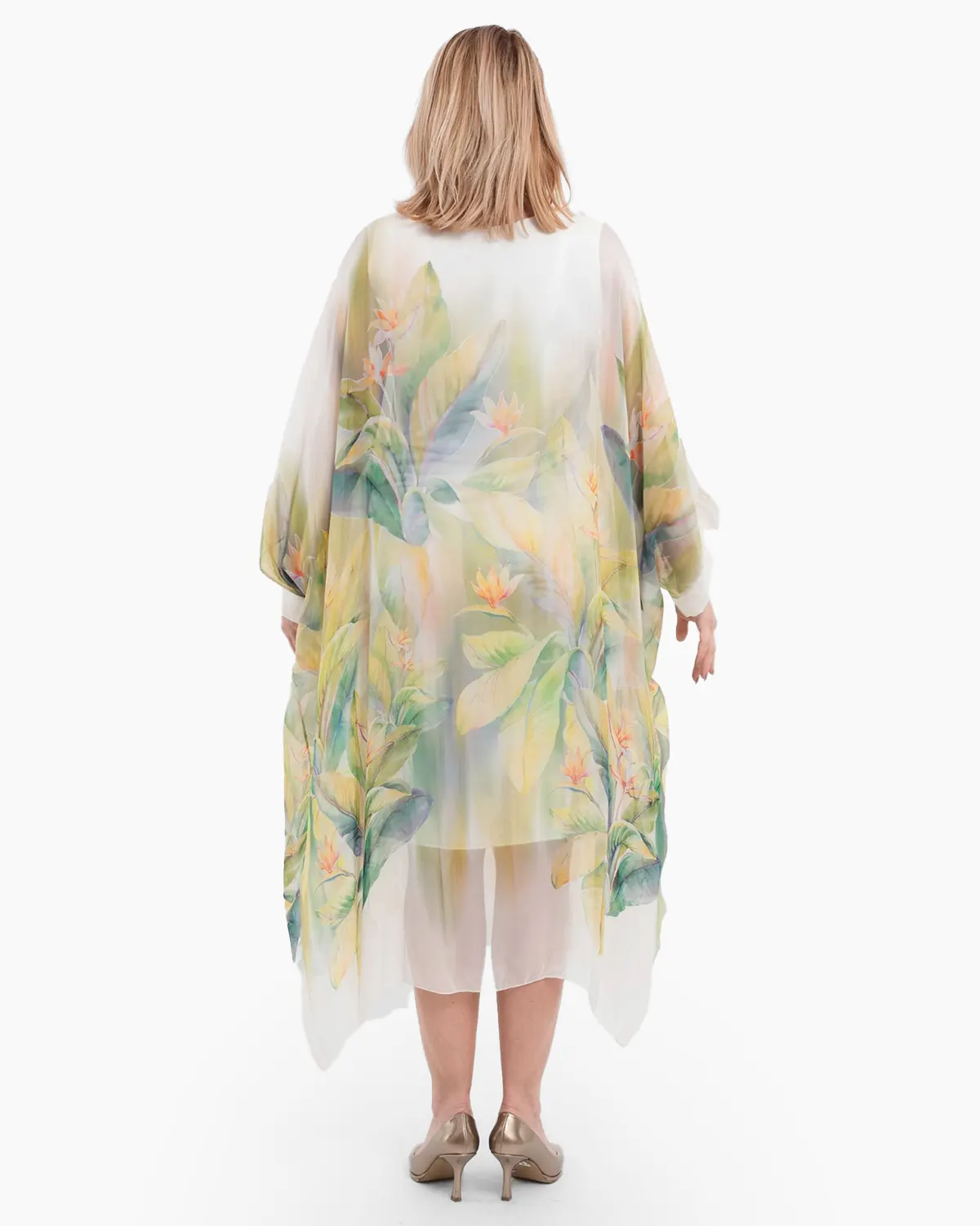 Rochie crem cu matase si imprimeu floral verde [3]