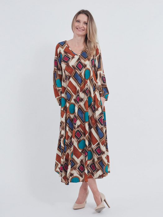Rochie crem evazata, cu imprimeu geometric [2]