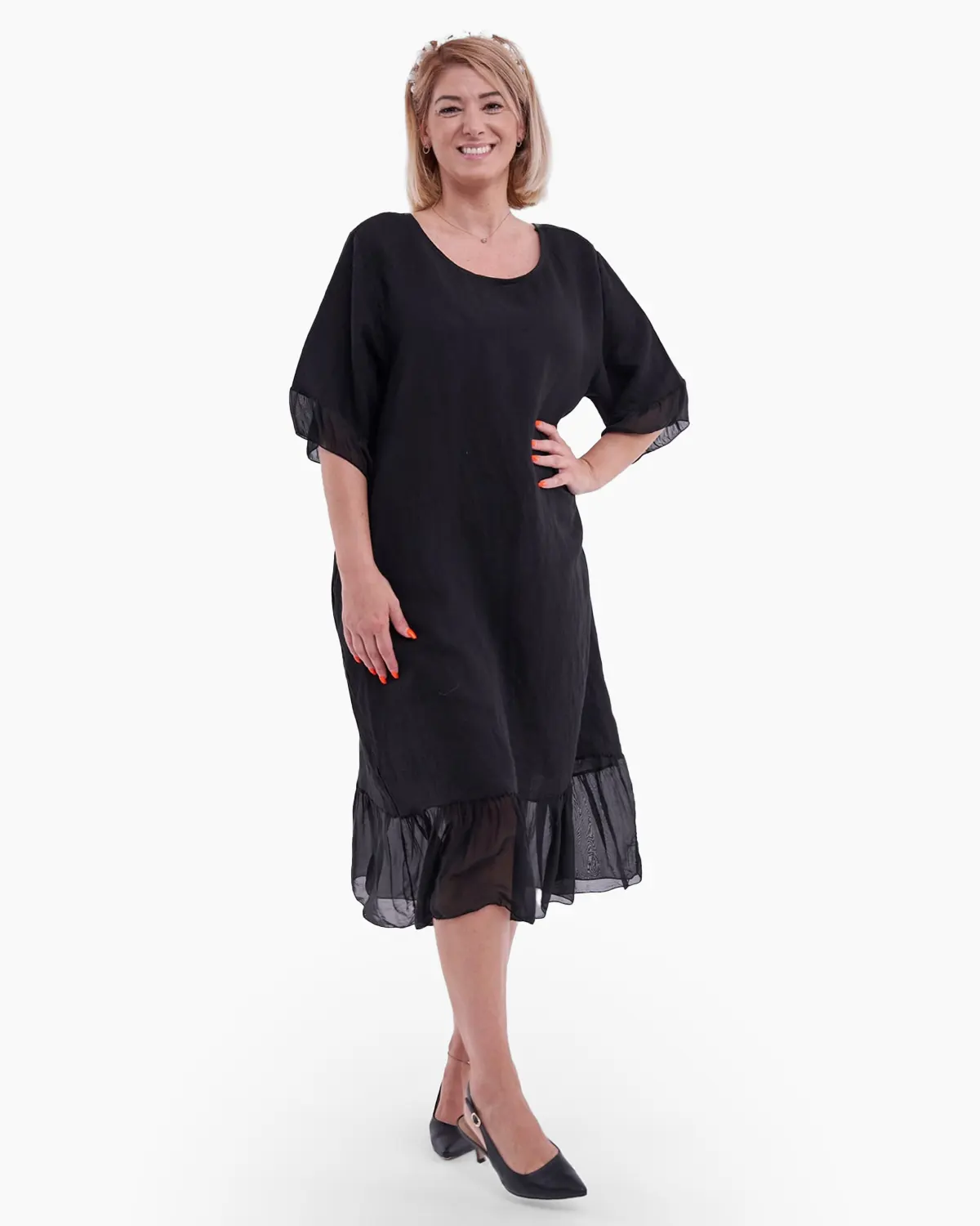 Rochie cu buzunare laterale ascunse, accesorizata la baza cu matase neagra [2]
