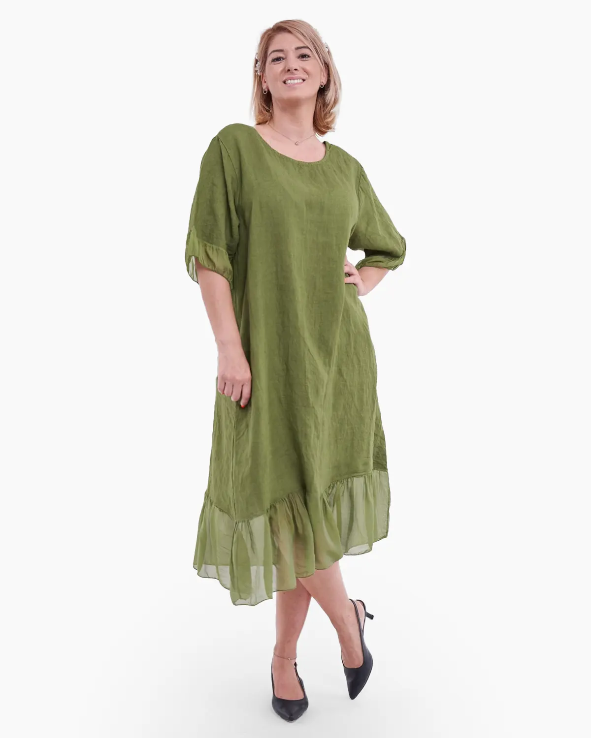 Rochie cu buzunare laterale ascunse, accesorizata la baza cu matase olive [2]