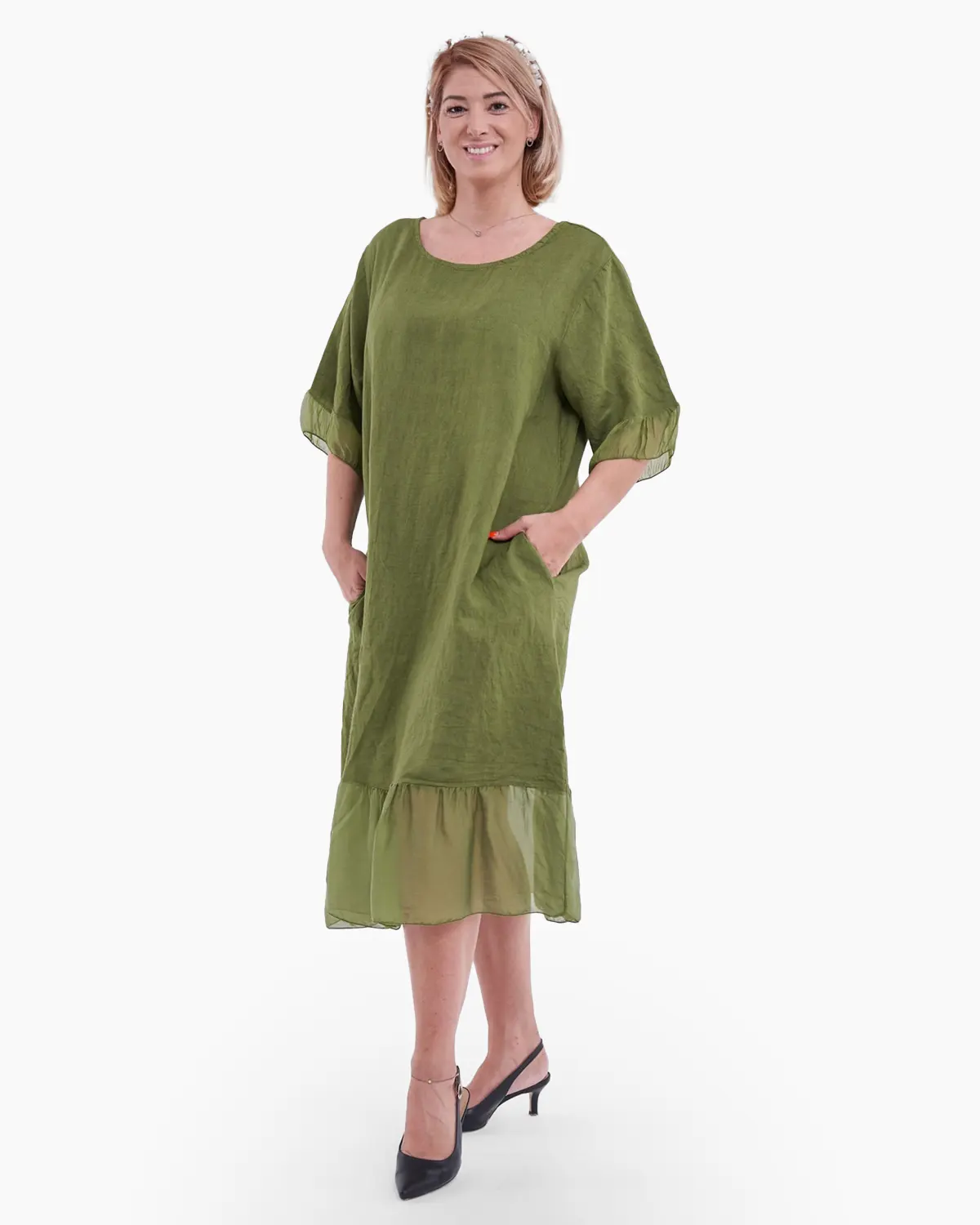 Rochie cu buzunare laterale ascunse, accesorizata la baza cu matase olive [1]