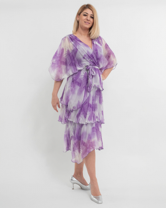 Rochie de vara din matase lila, cu volane si bust petrecut [2]