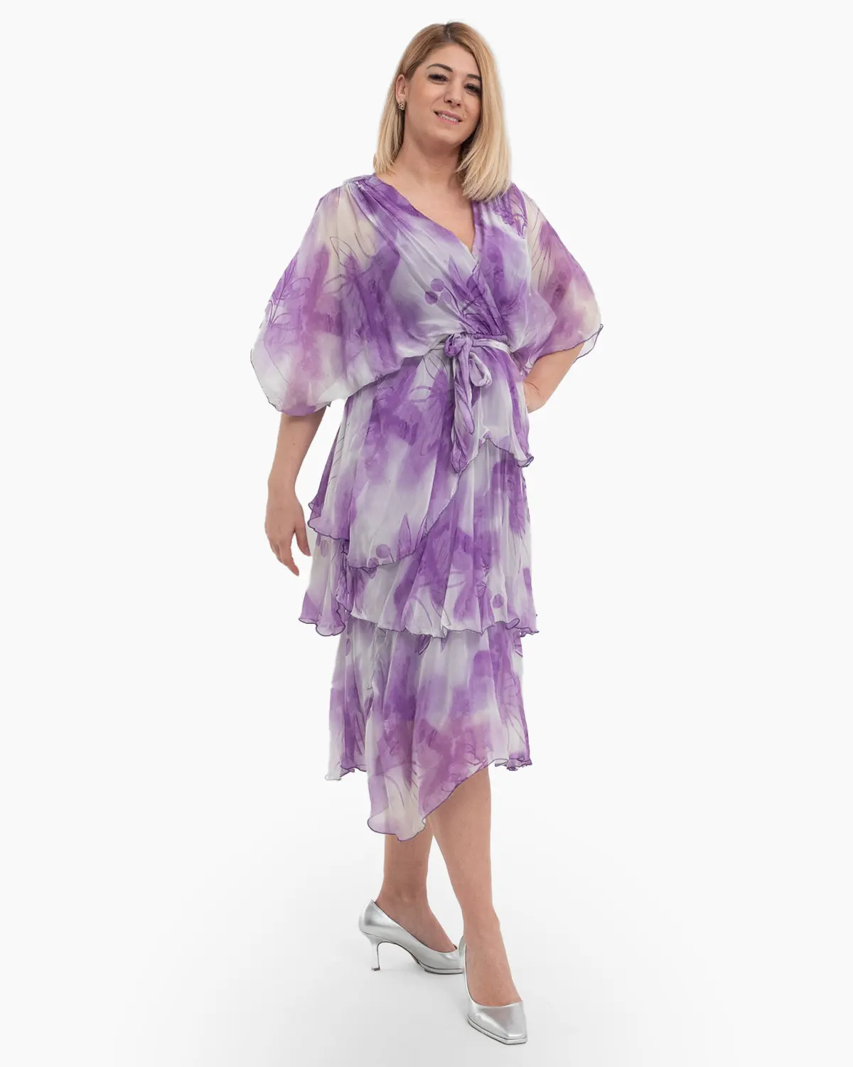 Rochie de vara din matase lila, cu volane si bust petrecut [2]