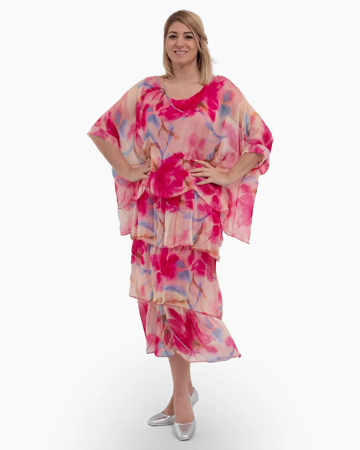 Rochie de vara din matase roz cu volane [1]