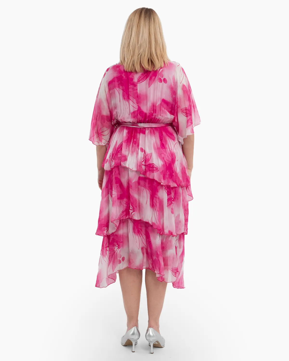 Rochie de vara din matase roz, cu volane si bust petrecut [2]