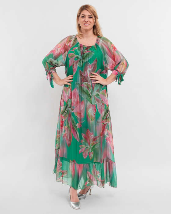 Rochie de vara din matase verde crud cu imprimeuri florale [1]