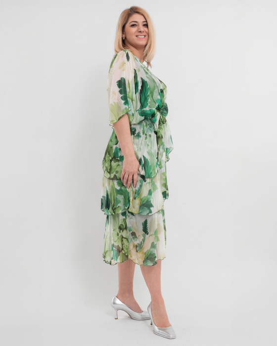 Rochie de vara din matase verde, cu volane si bust petrecut [3]