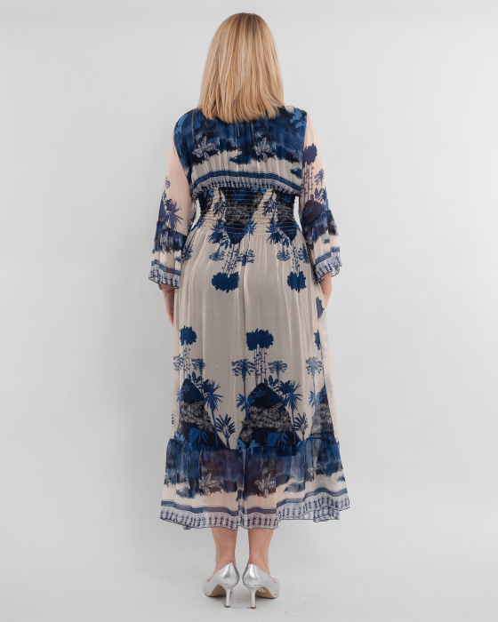 Rochie de vara vaporoasa bleumarin din matase, cu accente florale si volane la maneci [2]