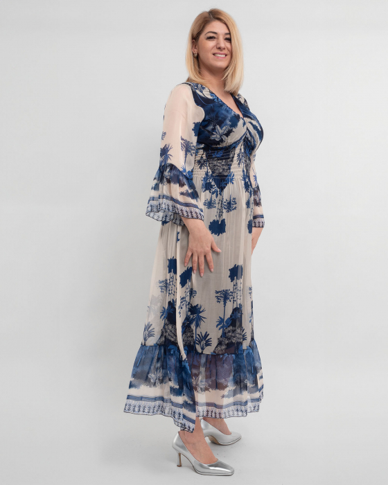 Rochie de vara vaporoasa bleumarin din matase, cu accente florale si volane la maneci [3]