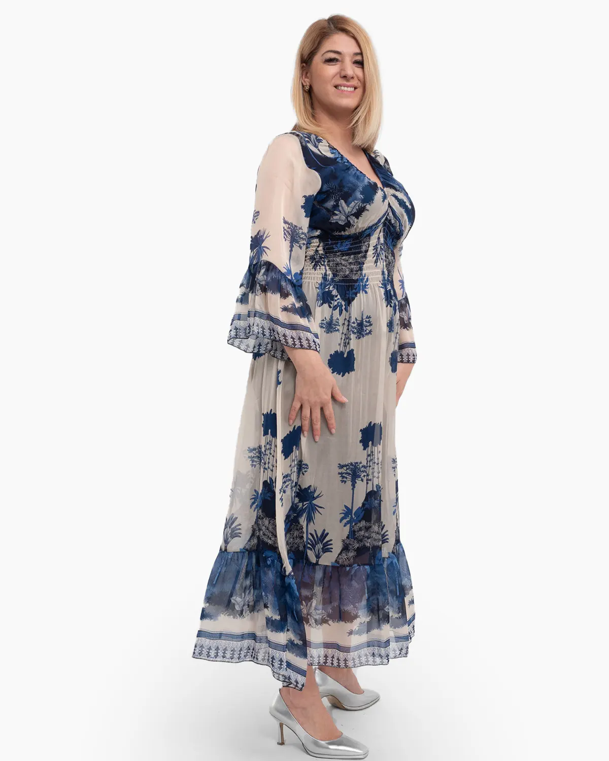 Rochie de vara vaporoasa bleumarin din matase, cu accente florale si volane la maneci [3]