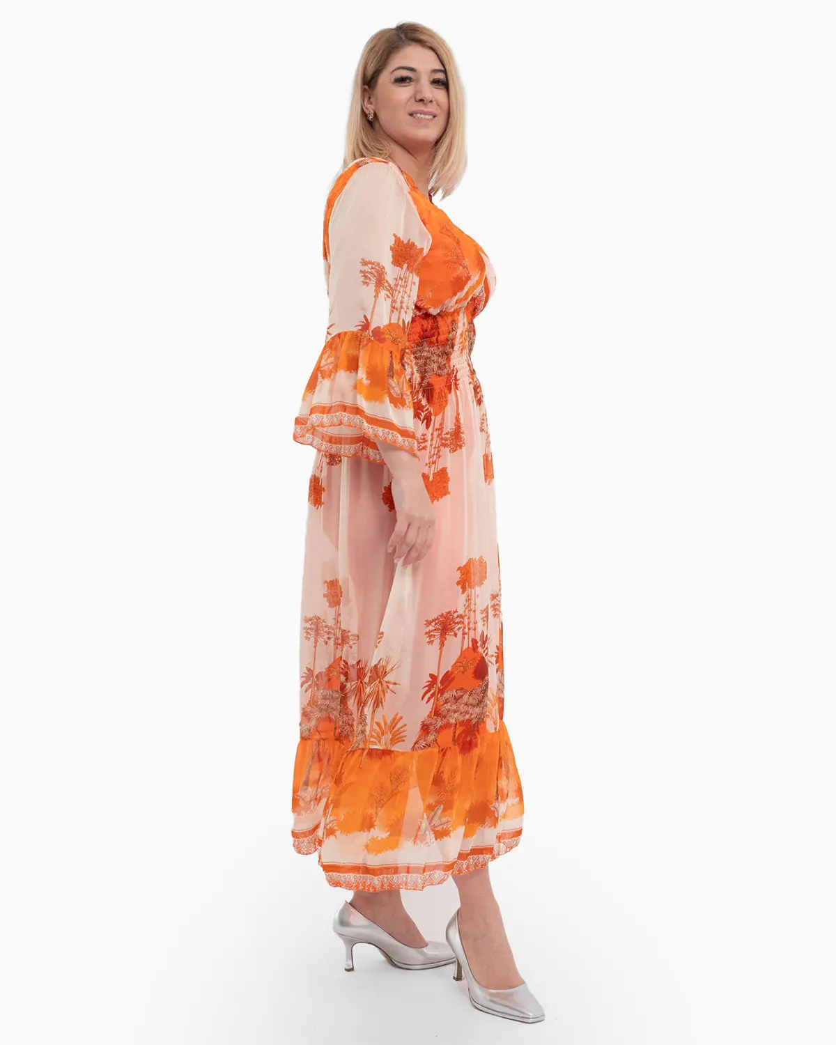 Rochie de vara vaporoasa portocalie din matase, cu accente florale si volane la maneci [2]