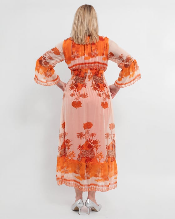 Rochie de vara vaporoasa portocalie din matase, cu accente florale si volane la maneci [3]