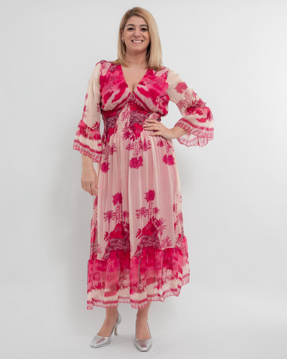 Rochie de vara vaporoasa roz din matase, cu accente florale si volane la maneci [1]