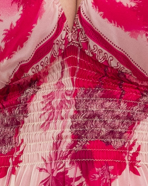 Rochie de vara vaporoasa roz din matase, cu accente florale si volane la maneci [3]