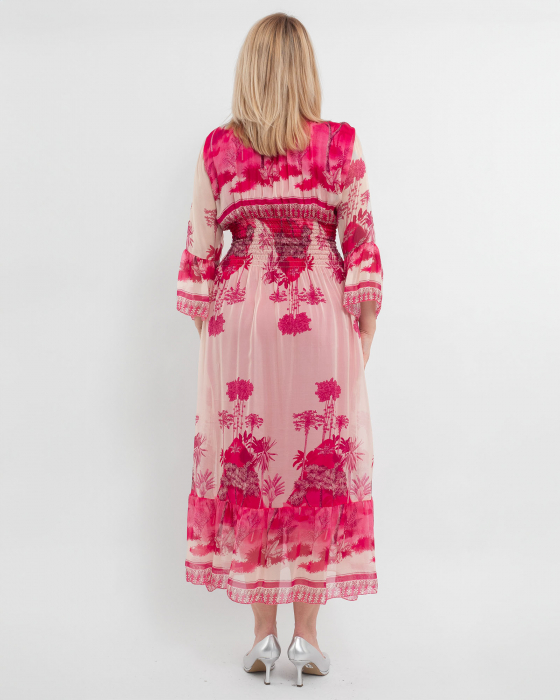 Rochie de vara vaporoasa roz din matase, cu accente florale si volane la maneci [2]
