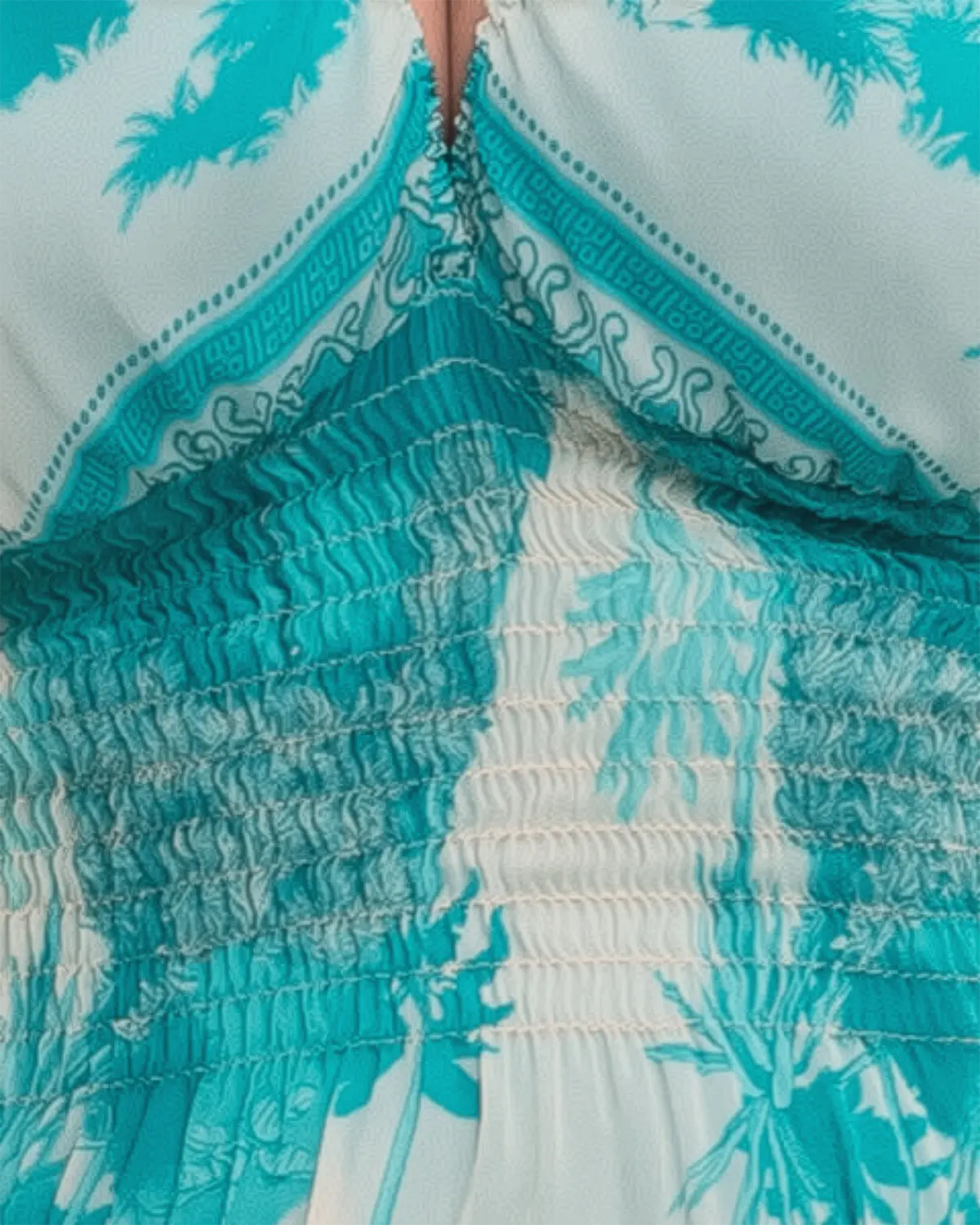 Rochie de vara vaporoasa turcoaz din matase, cu accente florale si volane la maneci [2]