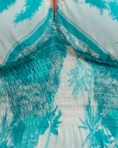 Rochie de vara vaporoasa turcoaz din matase, cu accente florale si volane la maneci [2]