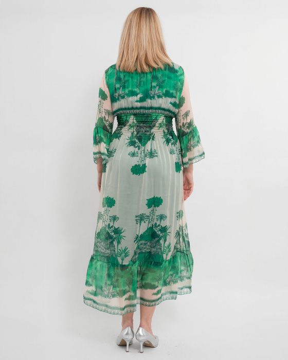 Rochie de vara vaporoasa verde din matase, cu accente florale si volane la maneci [2]