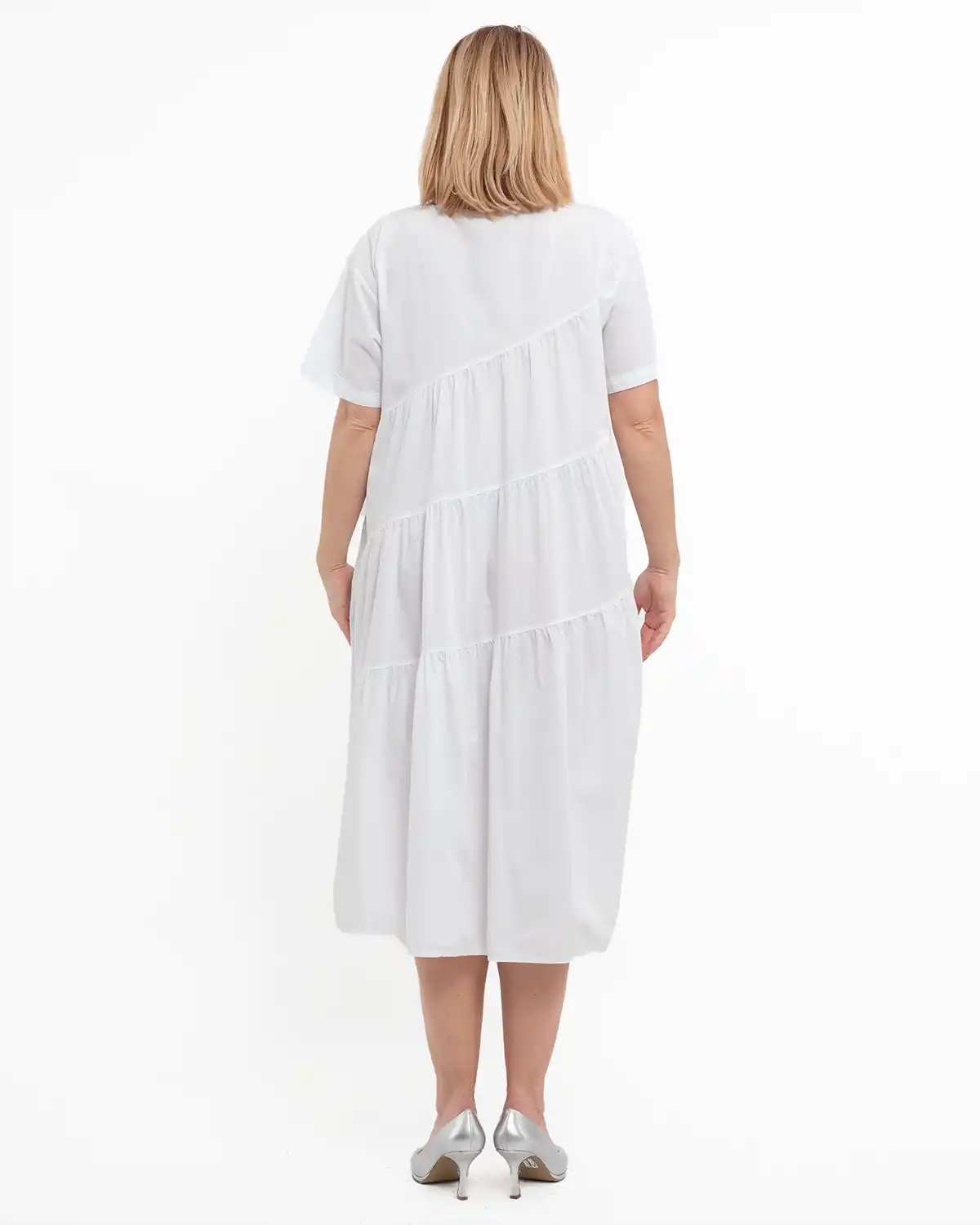 Rochie de zi casual albă, midi, cu volane pe diagonală [2]