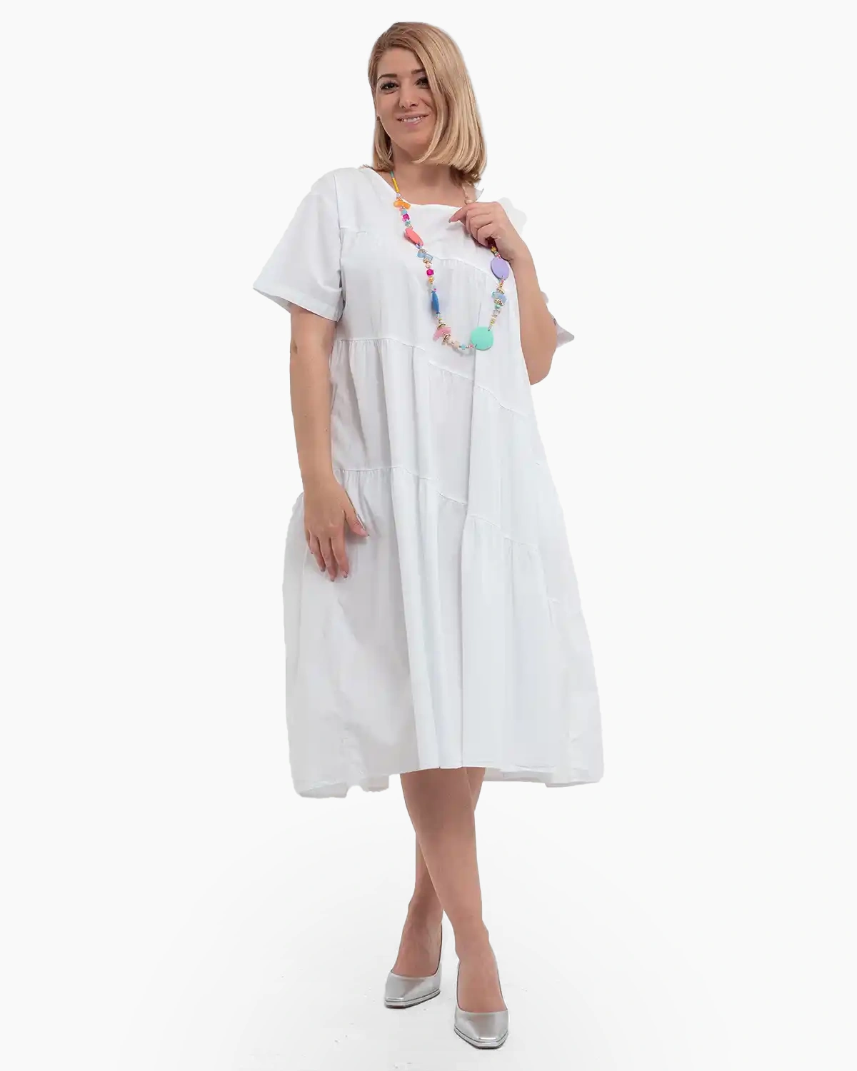 Rochie de zi casual albă, midi, cu volane pe diagonală [3]