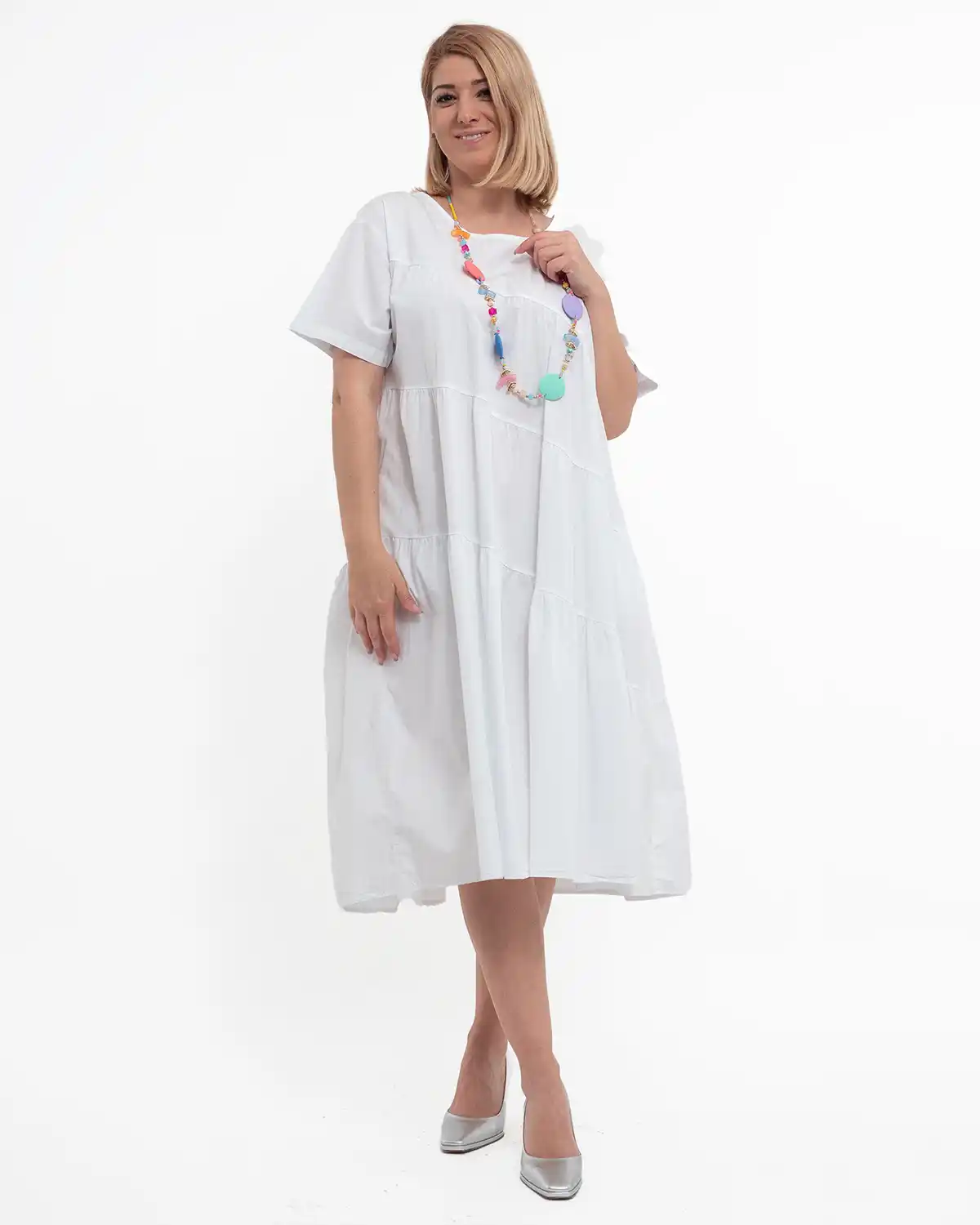 Rochie de zi casual albă, midi, cu volane pe diagonală [3]