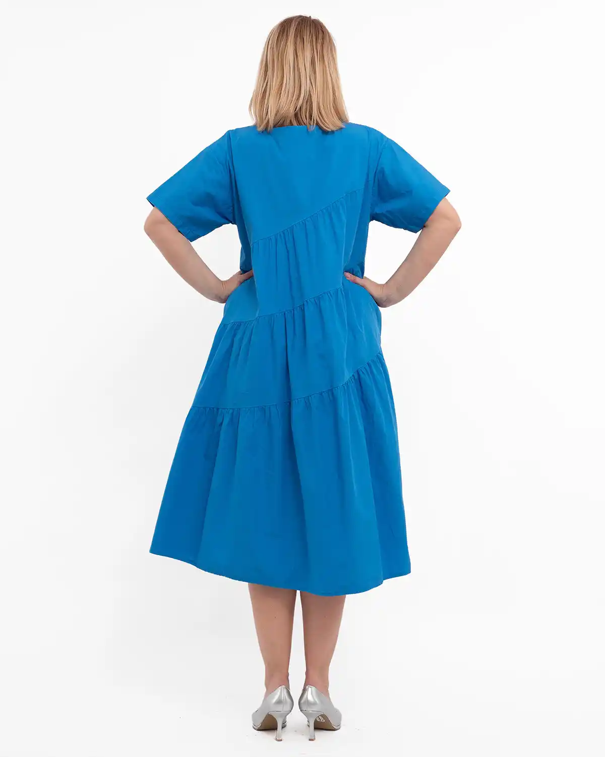 Rochie de zi casual albastră, midi, cu volane pe diagonală [2]