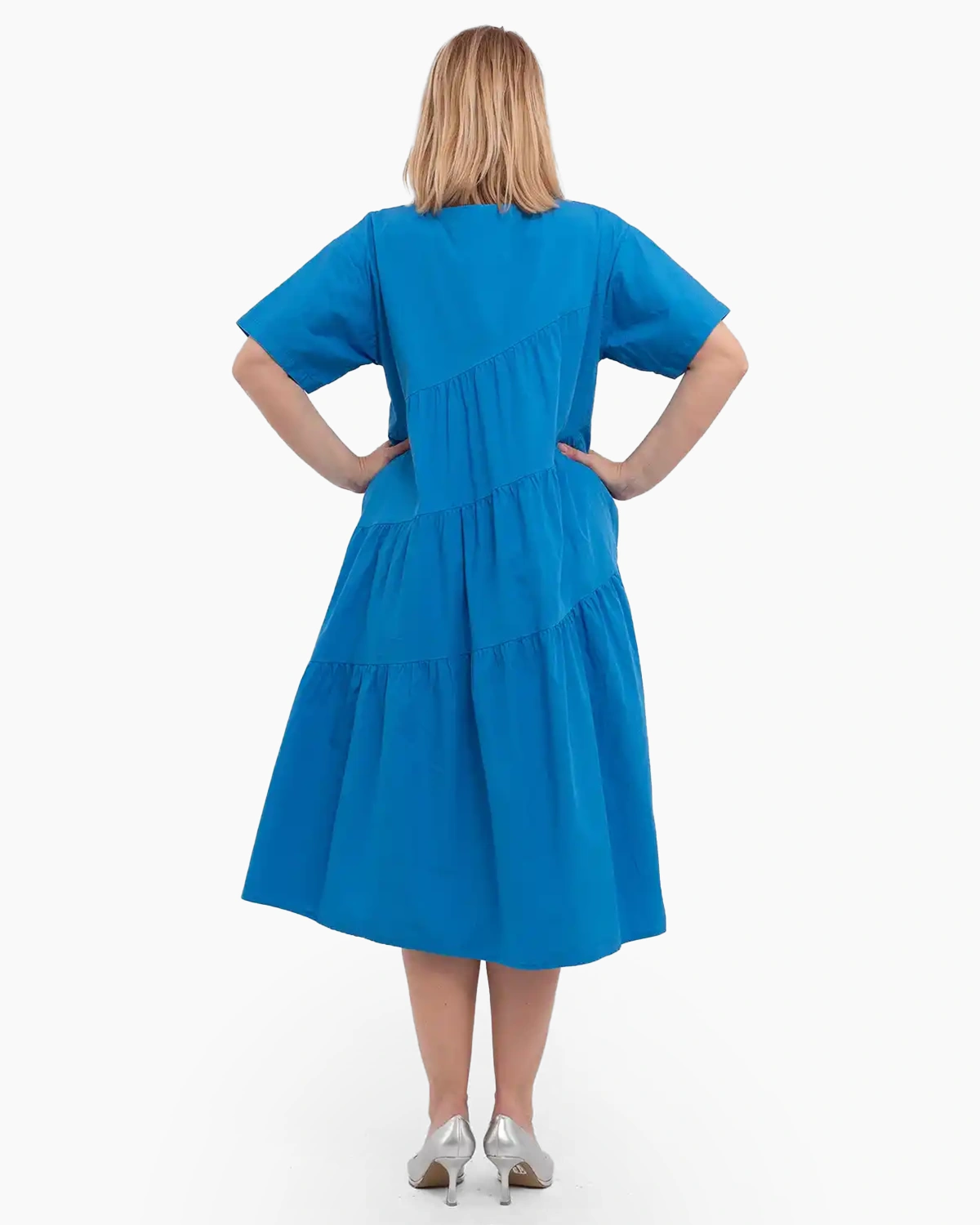 Rochie de zi casual albastră, midi, cu volane pe diagonală [2]