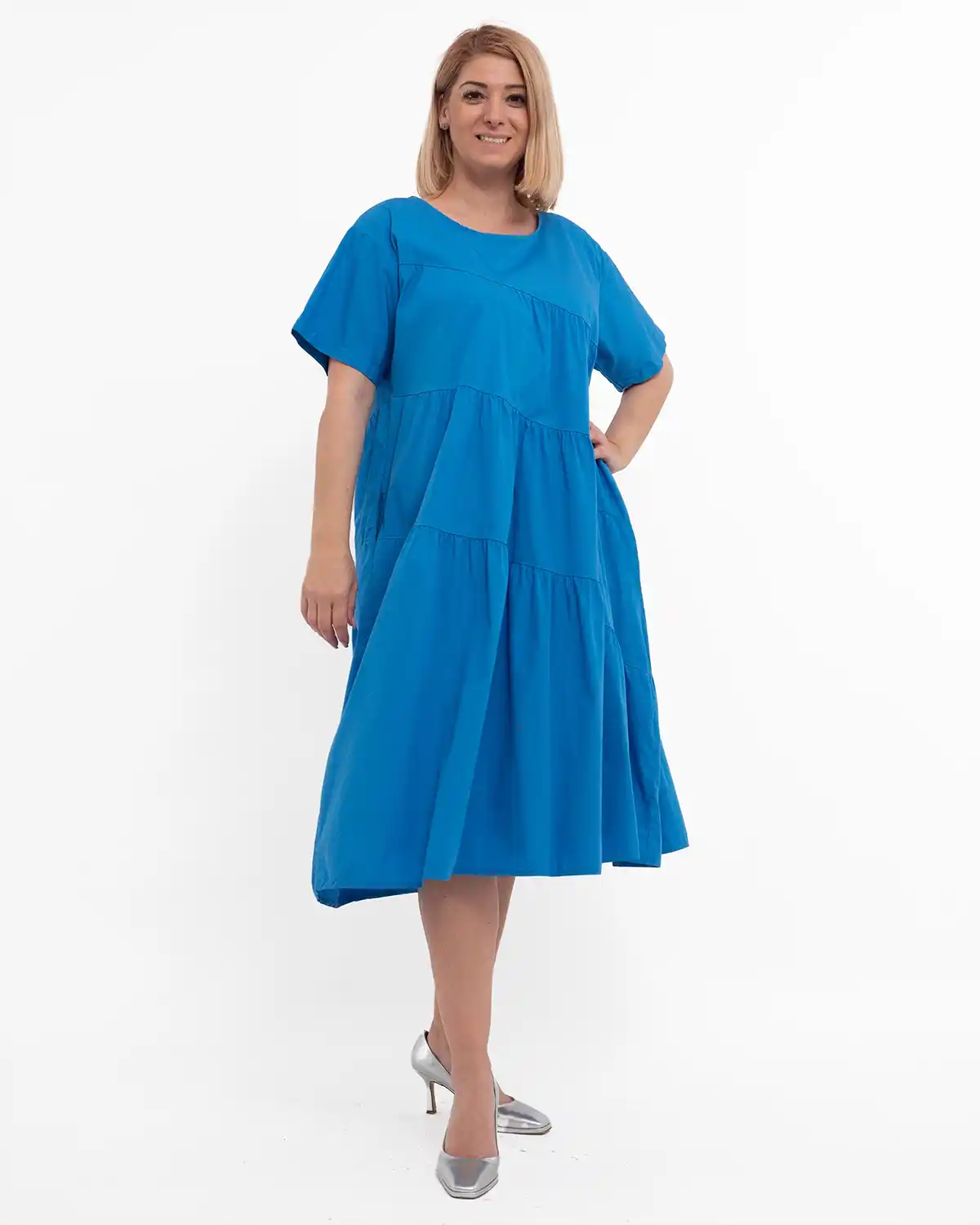 Rochie de zi casual albastră, midi, cu volane pe diagonală [3]