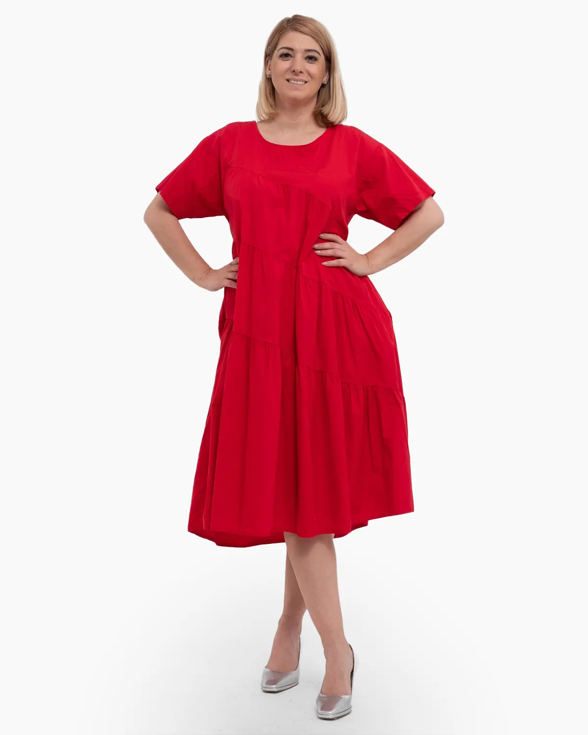 Rochie de zi casual roșie, midi, cu volane pe diagonală [1]
