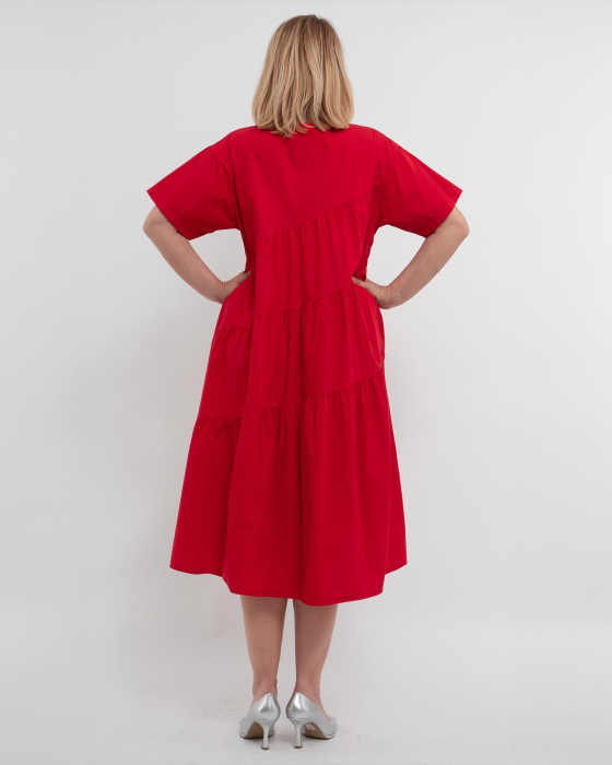 Rochie de zi casual roșie, midi, cu volane pe diagonală [2]