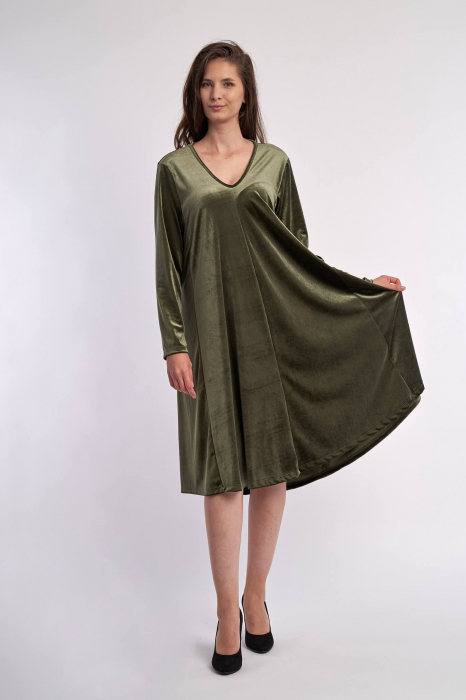Rochie din catifea , A line, cu decolteu in forma de V, kaki [3]