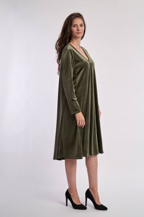 Rochie din catifea , A line, cu decolteu in forma de V, kaki [2]