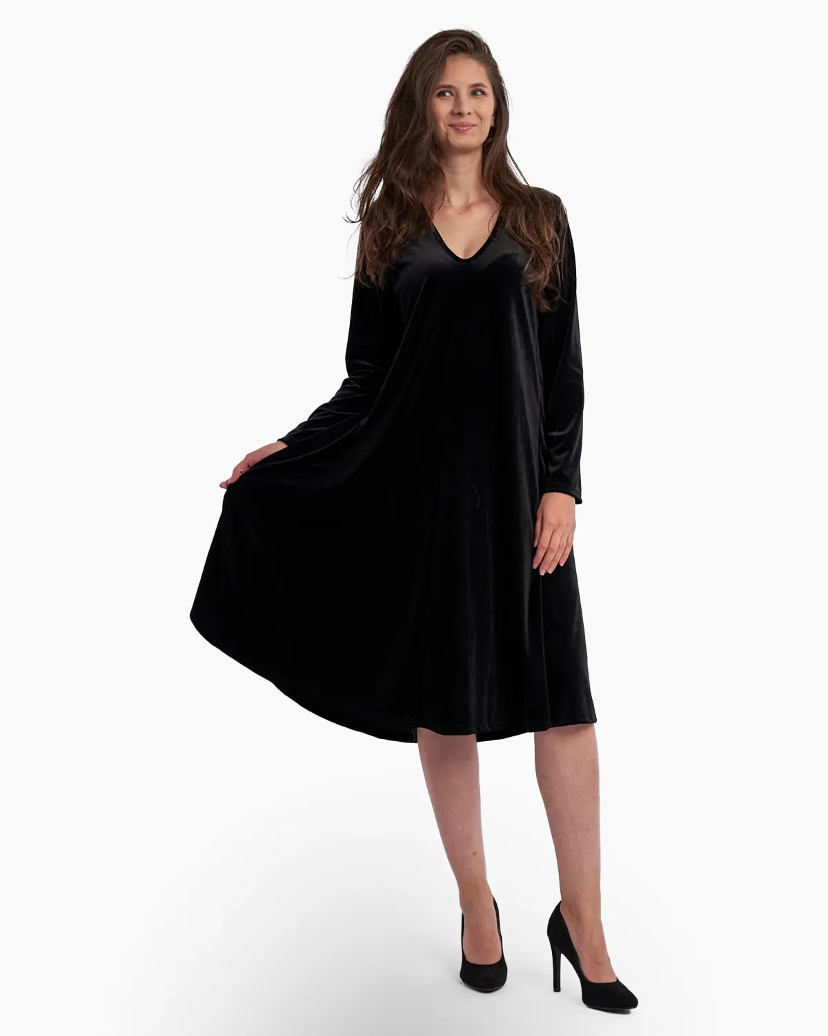 Rochie din catifea , A line, cu decolteu in forma de V, neagra [2]