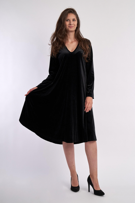 Rochie din catifea , A line, cu decolteu in forma de V, neagra [2]