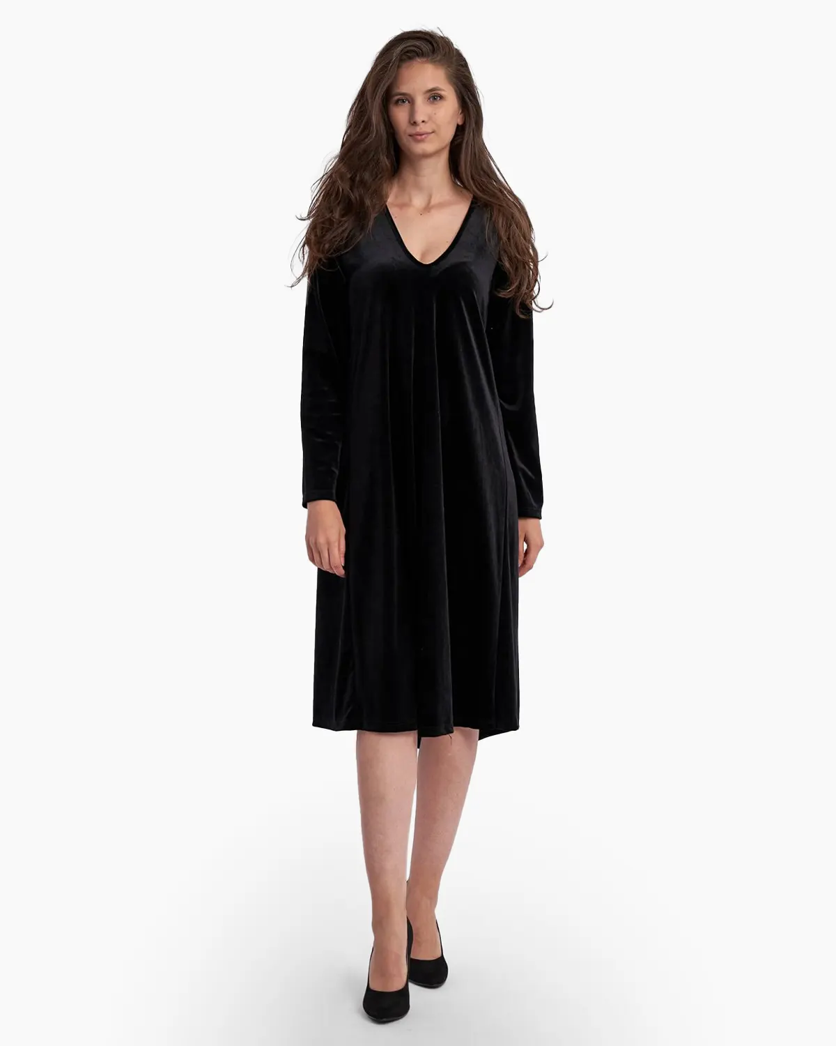 Rochie din catifea , A line, cu decolteu in forma de V, neagra [1]