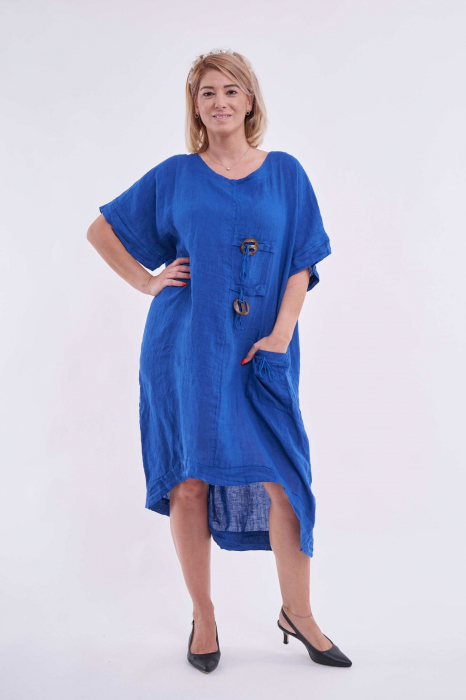 Rochie din in, accesorizata cu buzunar si nasturi rotunzi, culoare albastru [2]