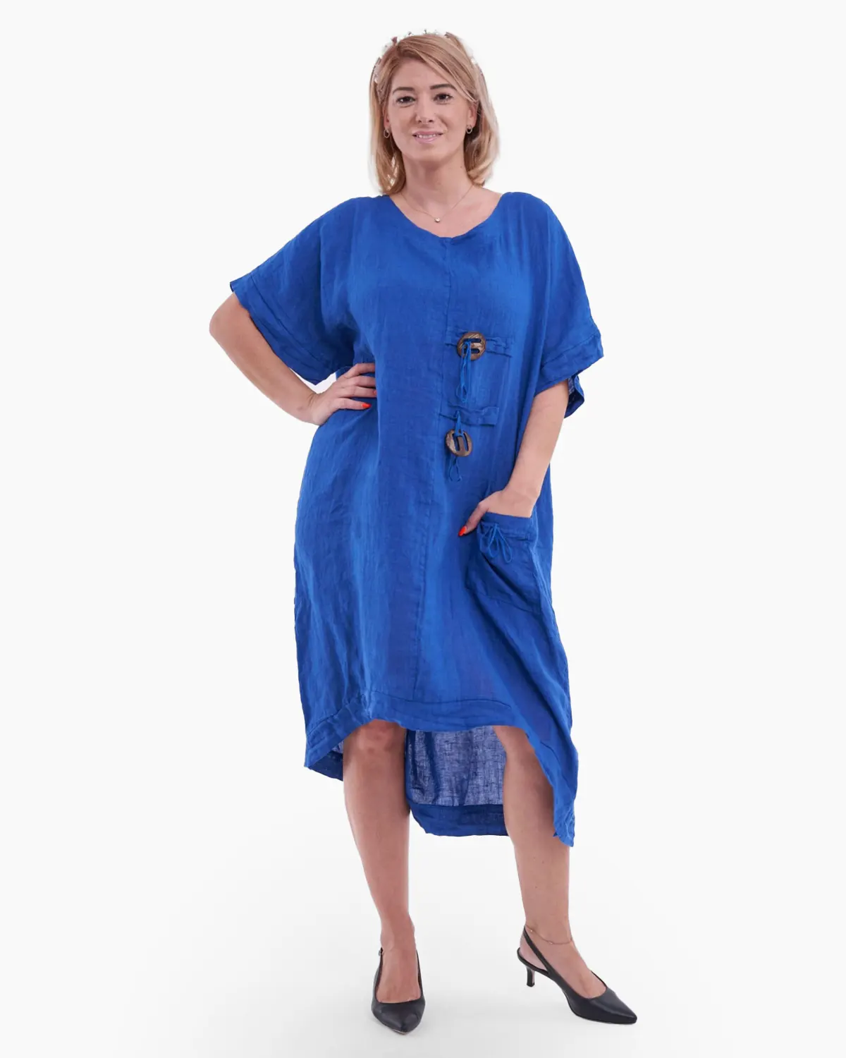 Rochie din in, accesorizata cu buzunar si nasturi rotunzi, culoare albastru [2]