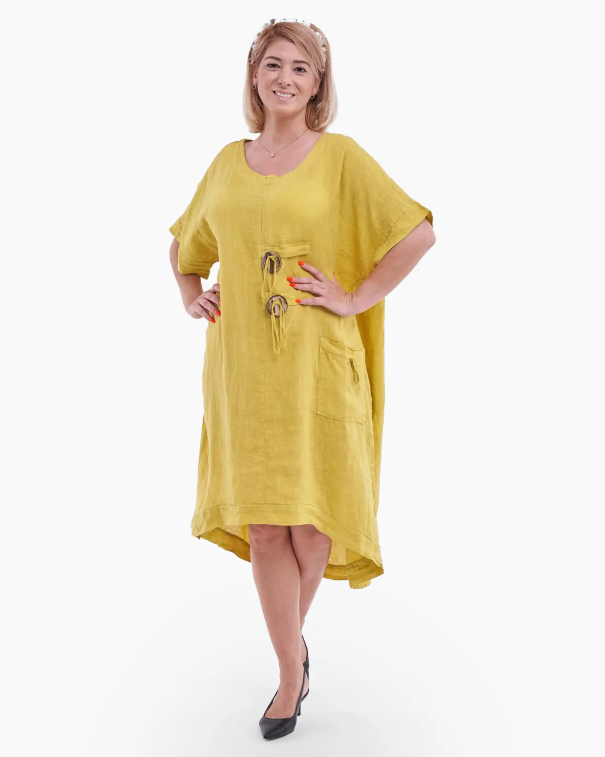 Rochie din in, accesorizata cu buzunar si nasturi rotunzi, culoare galben [2]