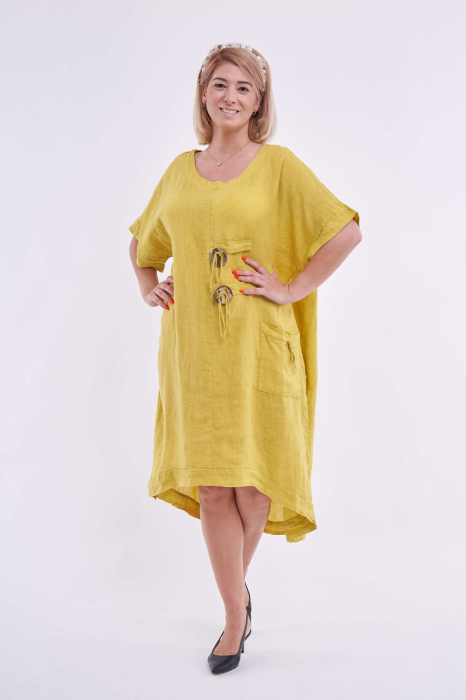 Rochie din in, accesorizata cu buzunar si nasturi rotunzi, culoare galben [2]