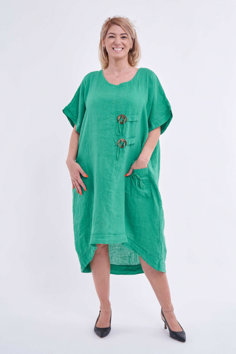 Rochie din in, accesorizata cu buzunar si nasturi rotunzi, culoare verde [2]