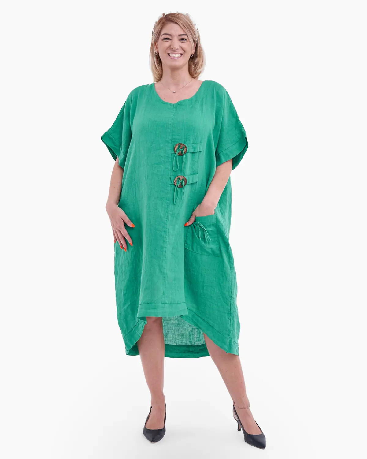 Rochie din in, accesorizata cu buzunar si nasturi rotunzi, culoare verde [2]