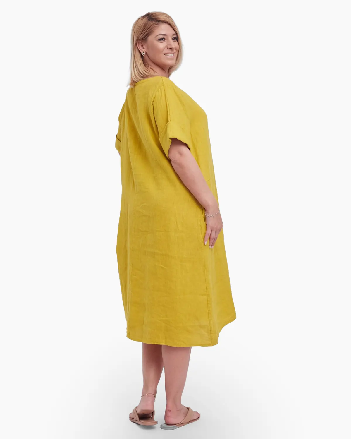 Rochie din in, cu buzunare si decolteu simplu, rotund, culoare galben [2]