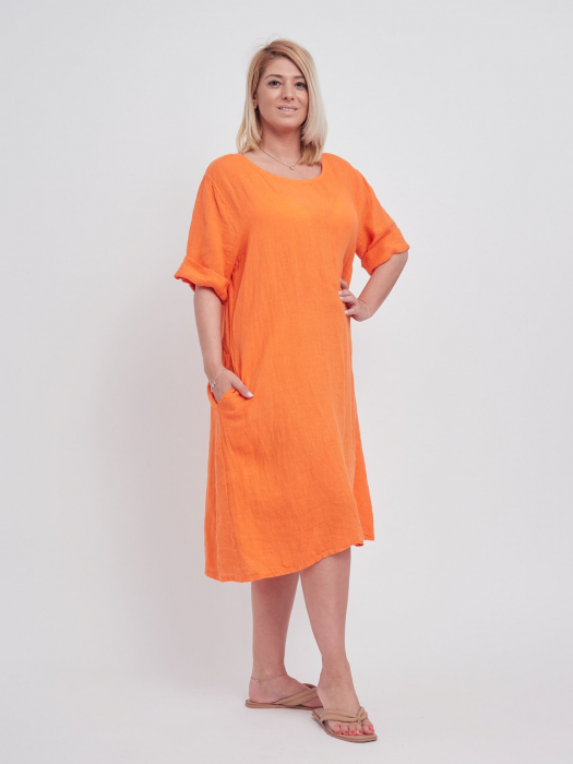 Rochie din in, cu buzunare si decolteu simplu, rotund, culoare orange [2]