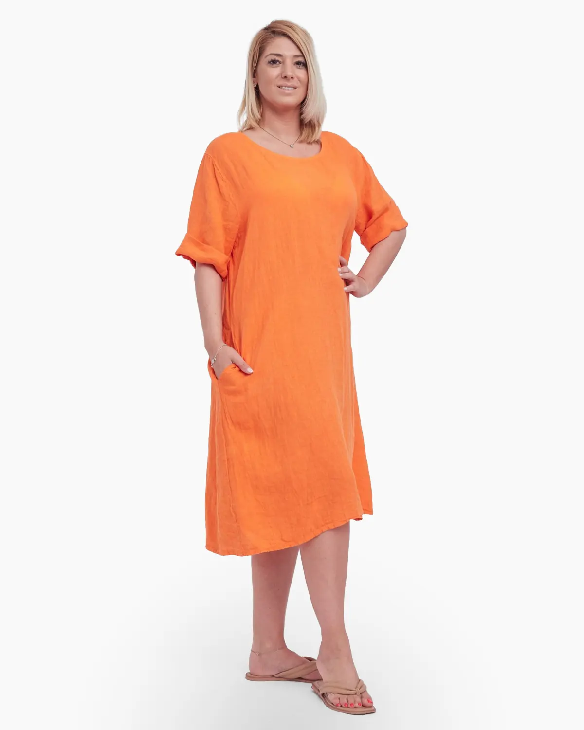 Rochie din in, cu buzunare si decolteu simplu, rotund, culoare orange [2]