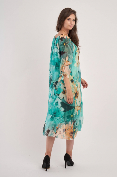 Rochie din matase cu flori pe fond turcoaz [2]