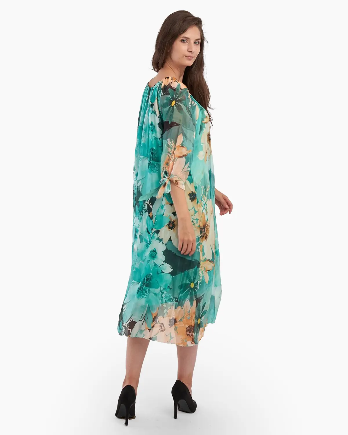 Rochie din matase cu flori pe fond turcoaz [2]