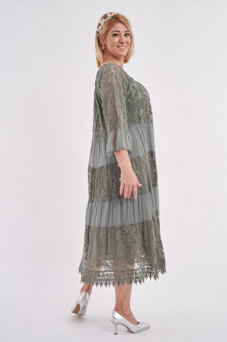 Rochie din matase cu maneca dantelata kaki [3]