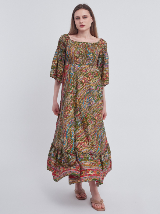 Rochie din matase indiana cu imprimeu arabesque verde si rosu [2]