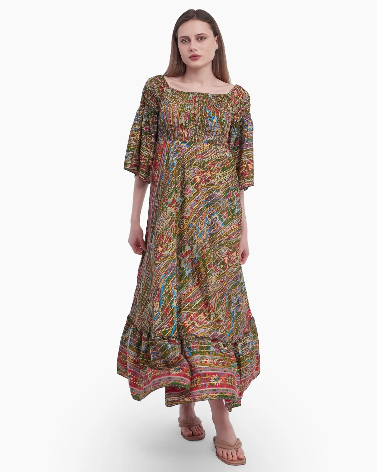 Rochie din matase indiana cu imprimeu arabesque verde si rosu [2]