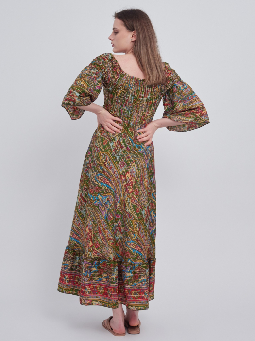 Rochie din matase indiana cu imprimeu arabesque verde si rosu [3]